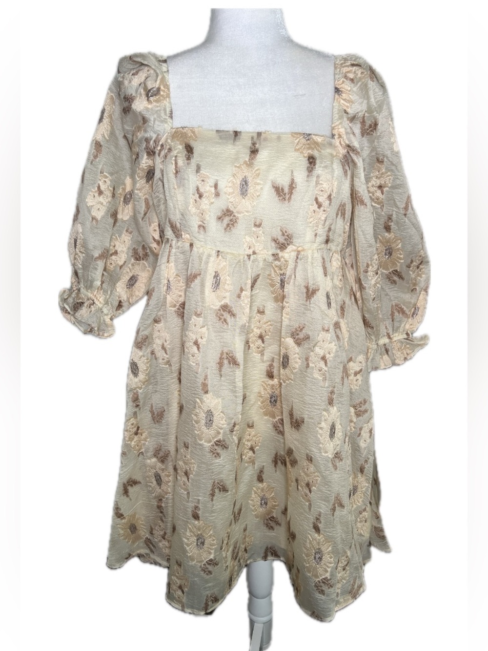Storia Golden Floral Square Neck Puff Sleeve Mini Babydoll Dress L Large - Picture 4 of 10